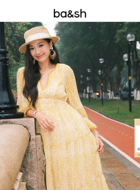 bash春季南法度假连身裙V领收腰碎花裙子女法式连衣裙1E24CLOV