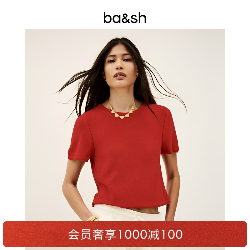 bash2025新款秋季简约短袖新年红色上衣女短款T恤打底衫1H25KENZ
