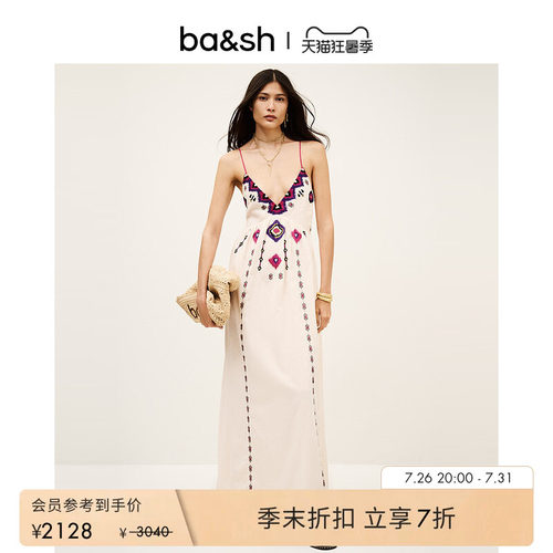 bash夏季波西米亚度假风露背V领无袖连衣裙吊带连身长裙1E25POEM
