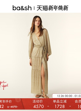 bash法式裹身露背灯笼长袖香槟金细闪礼服晚会连衣长裙女1E25CALA