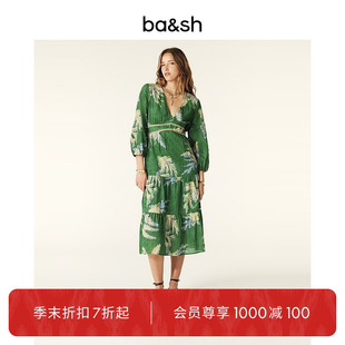 bash秋季 復古植物系印花迷笛連衣裙長裙1H24PARE 森林秘境裙子法式