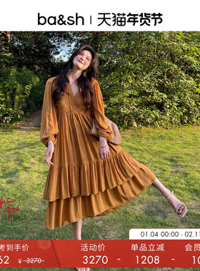 bash春季知性少女法式双层裙摆垂坠白色连衣裙1E25PLUM