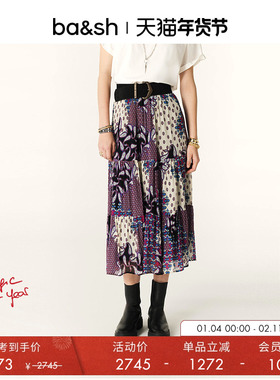 bash冬季法式波西米亚海岛度假风紫色花卉半身裙印花长裙1E24BREE
