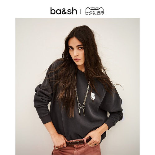 bash2026新款秋季美式复古棉质标语印花慵懒宽松圆领卫衣1H26SWIN