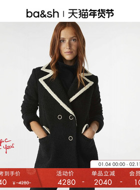bash冬季法式气质毛呢大衣斜裁翻领小香风纹理女士短外套1H23FIAR