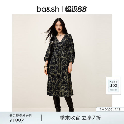 bash秋季星点跃马复古华丽V领长袖泡泡袖连衣裙女小黑裙1H25HEND