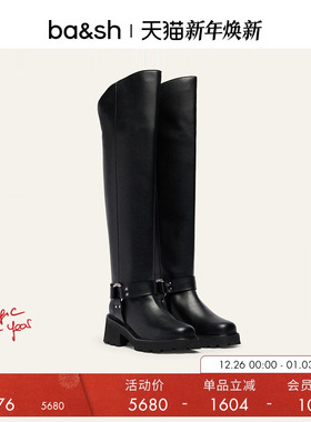bash简约复古鞋履女士长筒骑士靴粗跟圆头靴子2H24CIKE