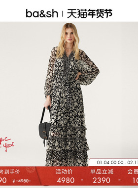 bash春季法式森系度假风优雅长裙露肩蛋糕裙印花连衣裙1H23FANN