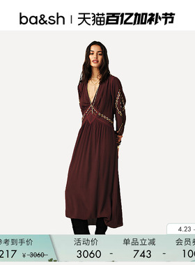 bash春季波西米亚度假风刺绣长袖收腰连衣裙女法式中长裙1H25TANY
