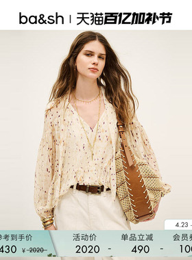 bash春季柔影星点飘带长袖衬衫法式度假风V领碎花衬衣女1H25KAMA