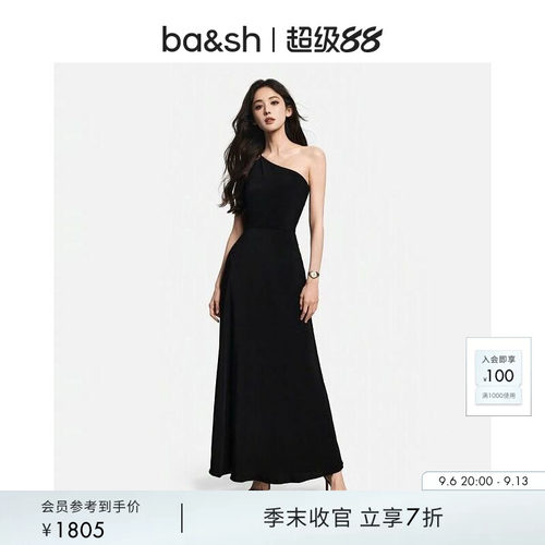 bash夏季法式斜肩小黑裙连衣裙新年晚会派对礼服连身长裙1E25FINN