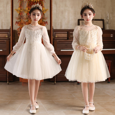 女童礼服轻奢小众钢琴演出服主持人长袖花童裙秋冬儿童生日公主裙