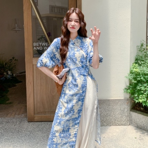 新中式国风改良旗袍套装女夏季新款轻薄气质显瘦叠穿阔腿裤两件套图片