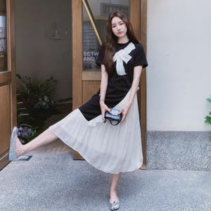 撞色拼接设计感蝴蝶结装饰连衣裙女法式甜美风2025夏新款减龄长裙图片