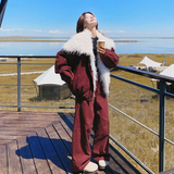 【新款】酒红牛仔大毛领夹棉派克两件套C021-3159-P265控398，女装套装/套裙，2C021