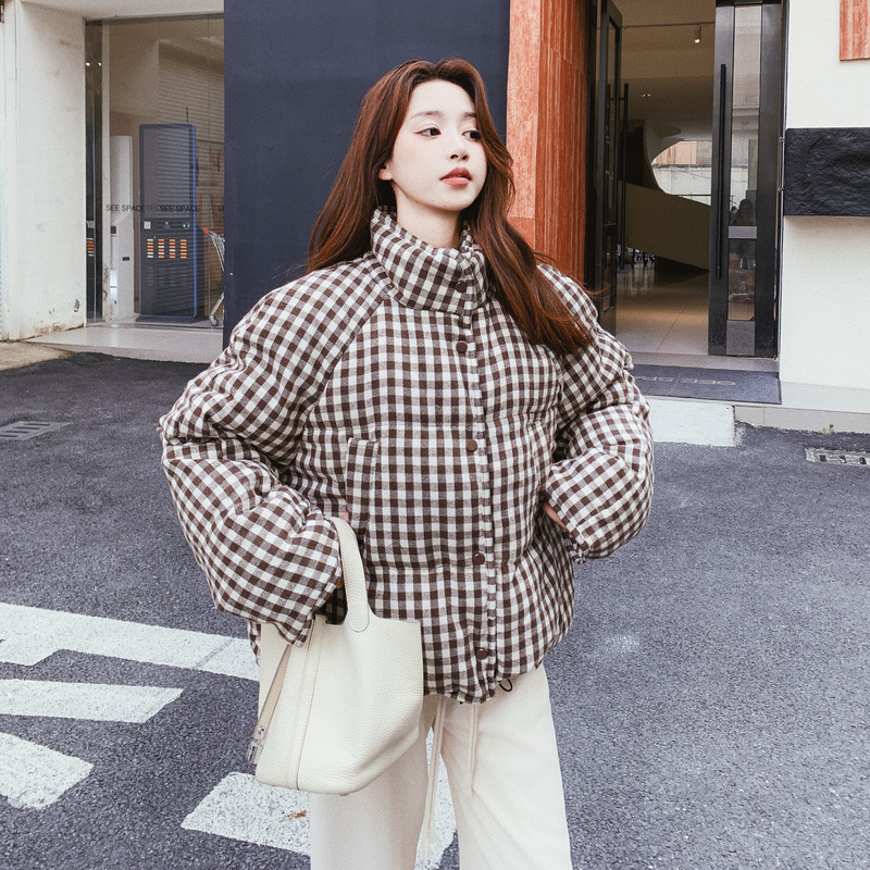 复古格子立领短款羽绒服女冬季新款超火好看高级小众加厚保暖外套,女装羽绒服,2C021