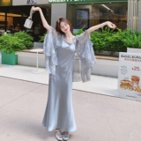 灰色碎花雪纺衬衫吊带连衣裙套装女夏法式小资千金感两件套流行，女装套装/套裙，2C021