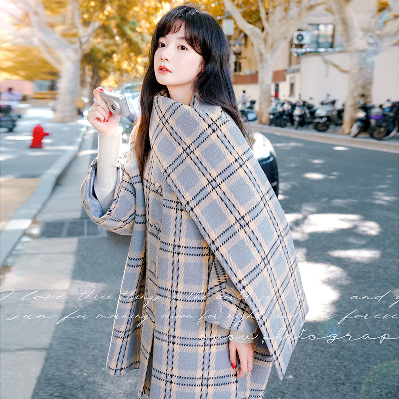 甜美气质灰蓝色格纹呢大衣外套女秋冬2025新款设计感小众流行爆款,女装毛呢外套,2C021