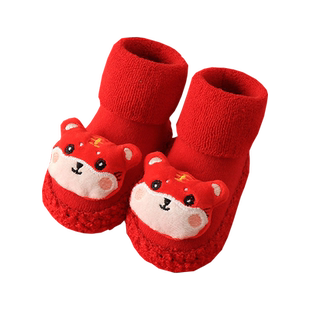 新生婴儿鞋袜宝宝地板袜软底秋冬加厚防滑满月百日大红色袜子不掉