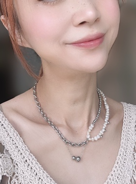 淡水珍珠项链钛钢甜酷风女