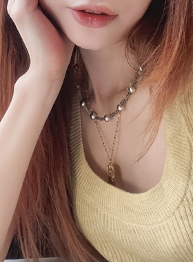 真多麻铂金灰贝珠仿珍珠猫眼石渐变百搭项链脖颈毛衣卫衣个性528