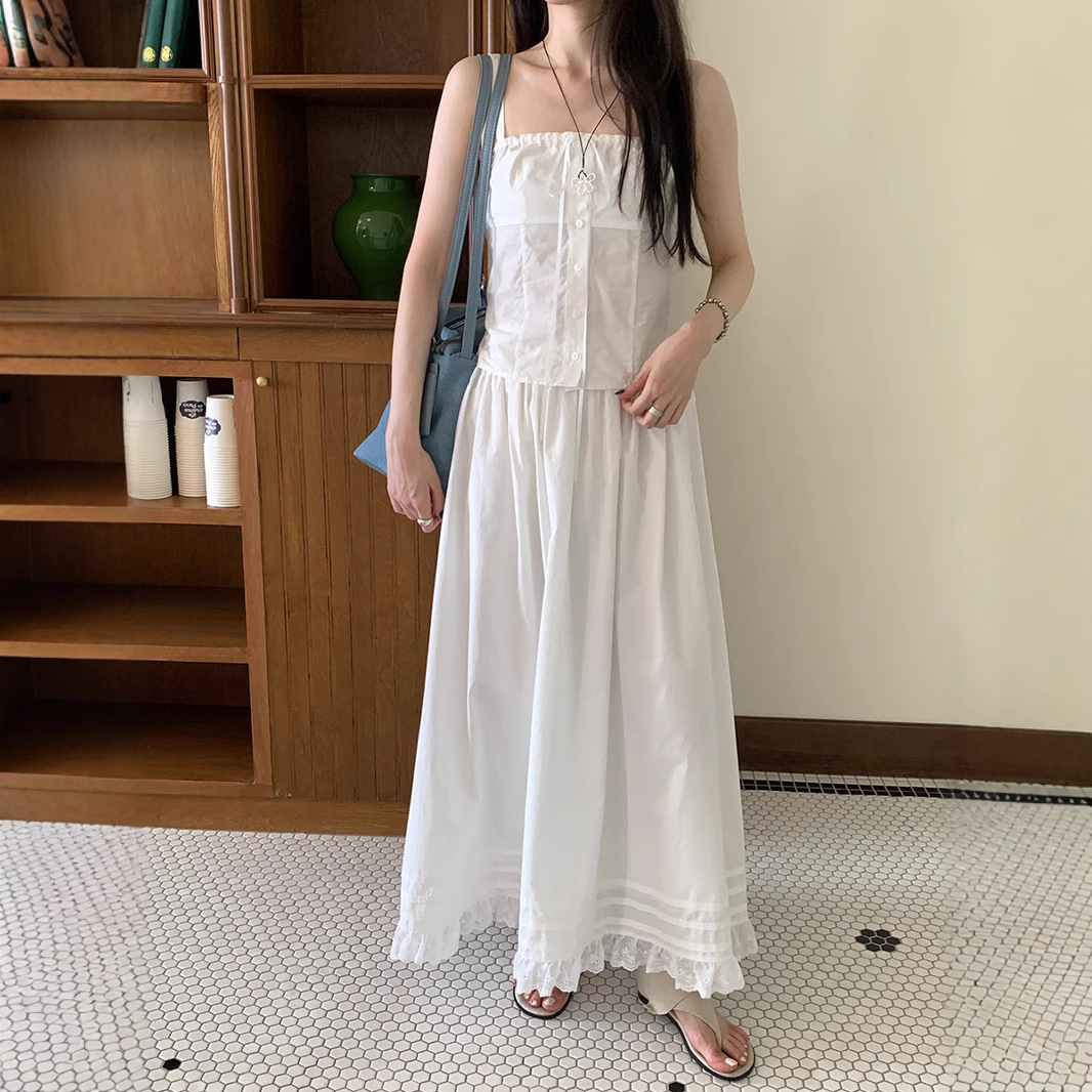 薇颂女装海岛度假风温柔吊带背心上衣+白色蕾丝a字半身裙套装穿搭