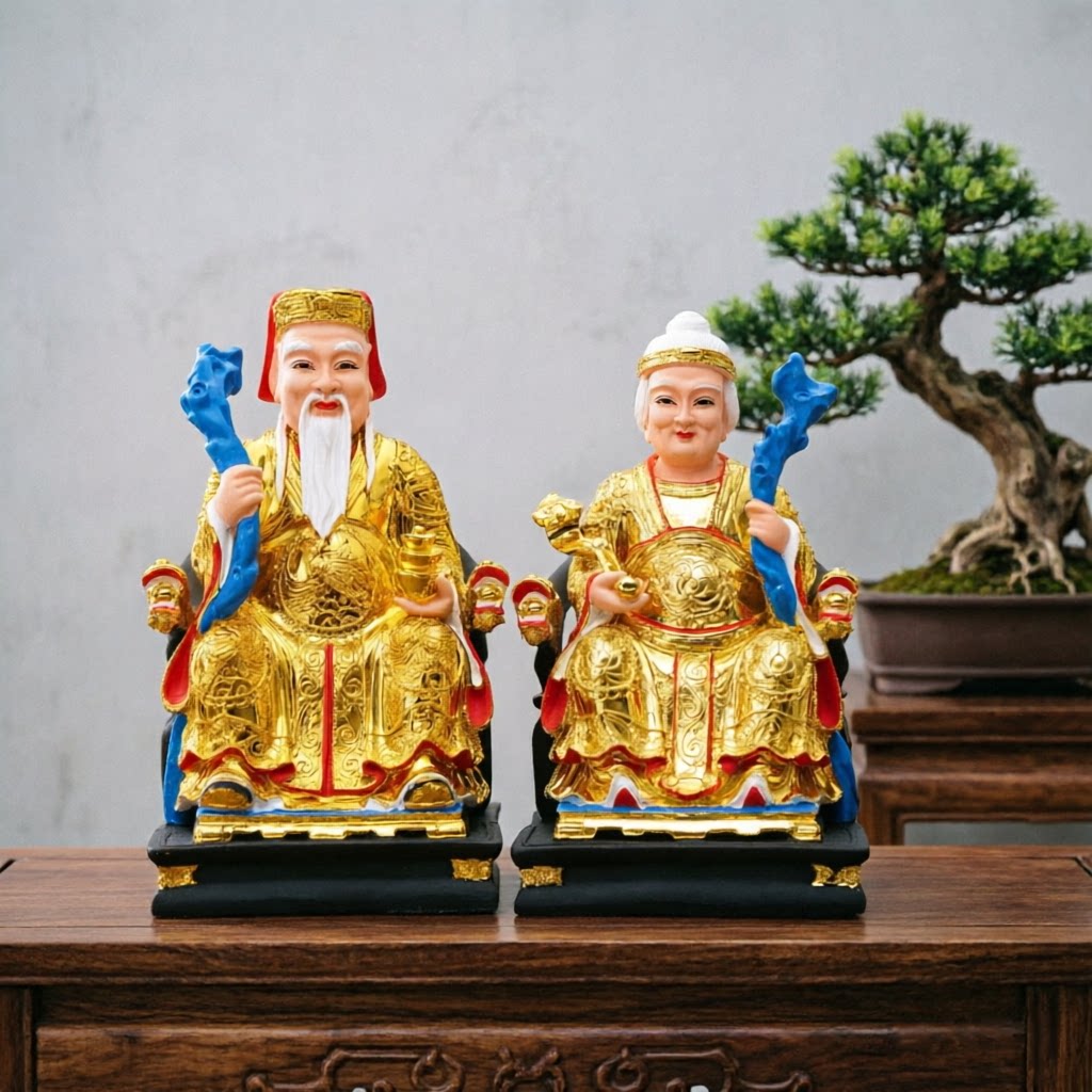树脂土地公土地婆供奉神像彩绘佛像摆件福德正君地主财神爷佛像