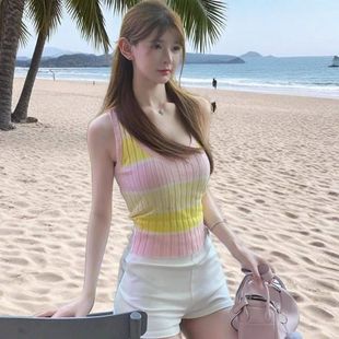 純欲風撞色針織吊帶背心修身 甜辣顯瘦新款 小眾打底無袖 上衣 夏季