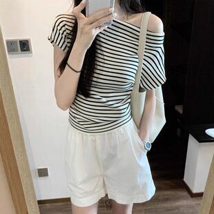 韩系条纹斜肩一字领冰丝针织短款 t恤薄 上衣女夏季 不规则收腰短袖