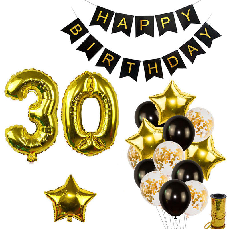 Black Gold Happy Birthday Banner Balloons Helium Number Foil