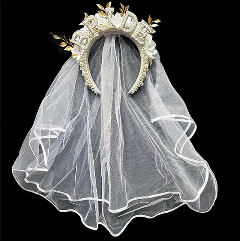 Bride to be Pearl crown tiara veil Bach Bachelorette hen Par