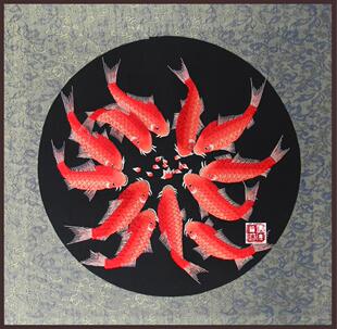 苏绣成品刺绣画礼品居家客厅画12条红金鱼一团和气团团圆圆平安绣