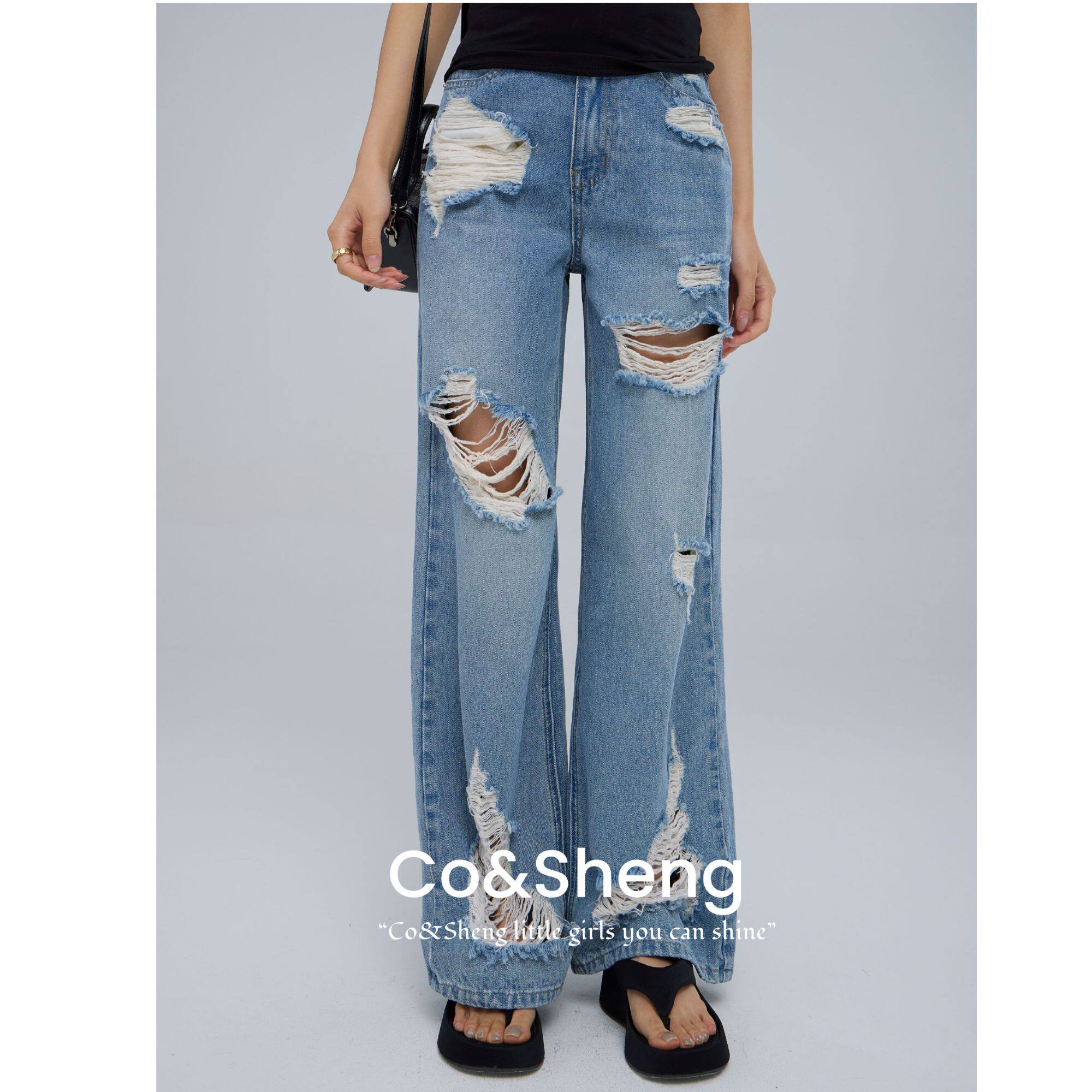 蓝本/重生150小个子夏季破洞牛仔裤女高腰显瘦休闲直筒酷帅百搭
