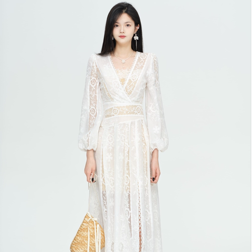 cosheng小个子连衣裙女白色蕾丝