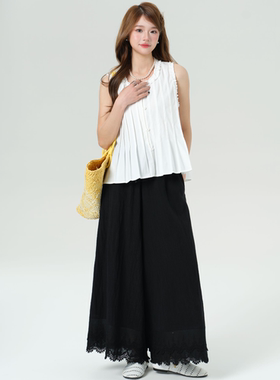 重生150cm小个子女夏季高腰黑色蕾丝休闲裤时尚宽松