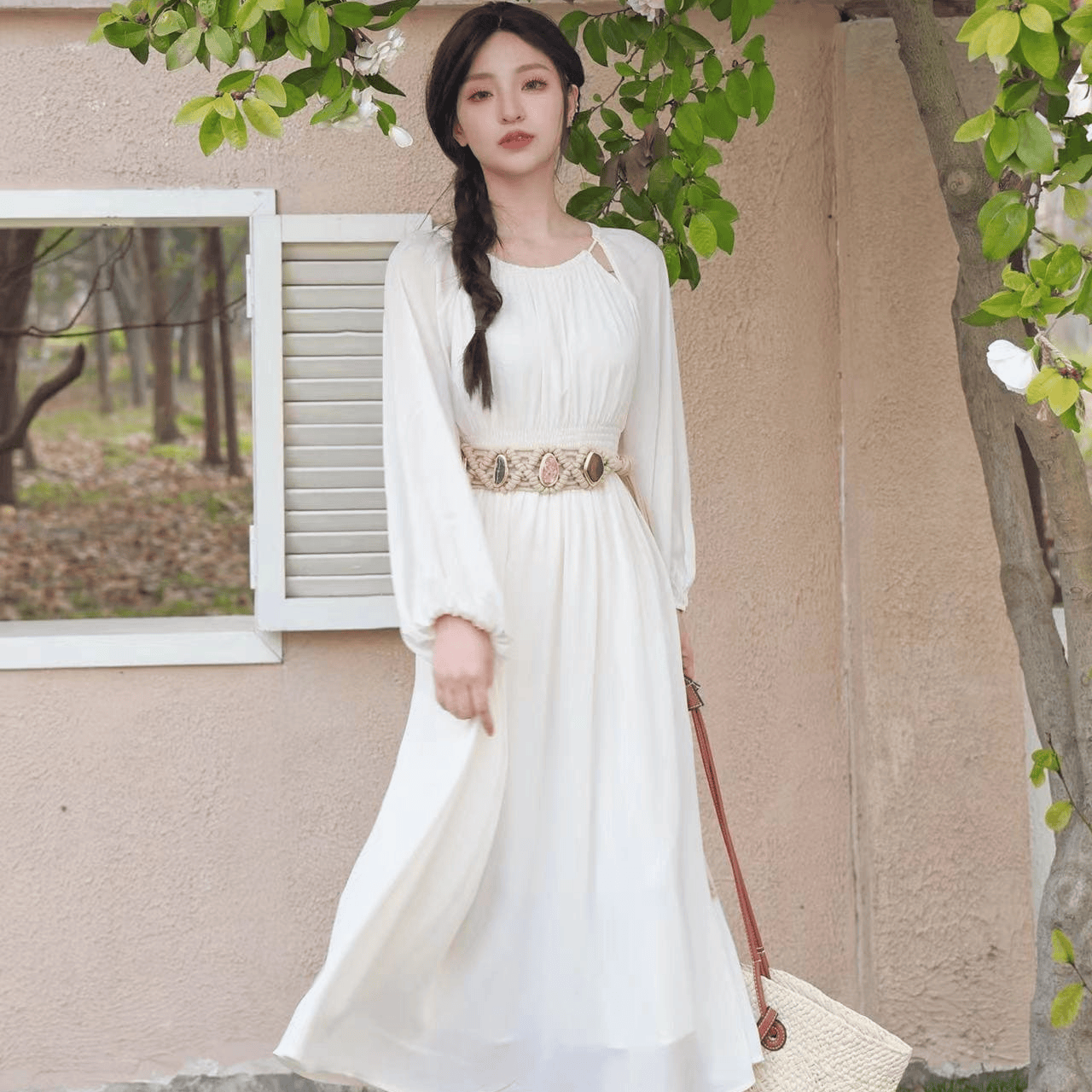 莫奈花园/co&sheng重生150cm小个子白紫吊带连衣裙显瘦夏季收腰