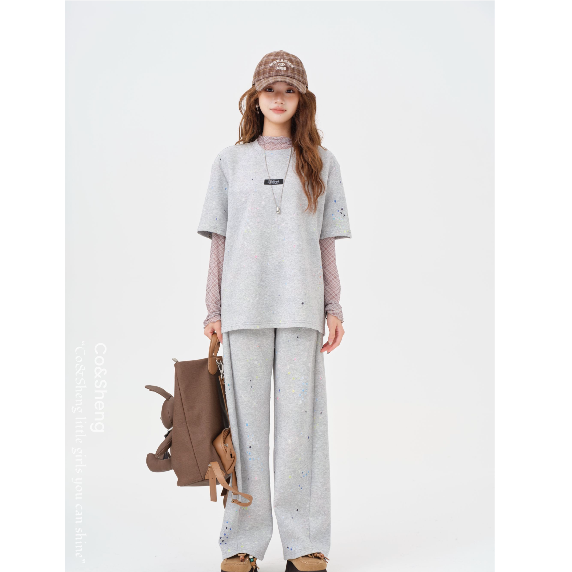 重生小个子灰色休闲套装时尚短袖上衣女 慵懒风宽松显瘦棉两件套