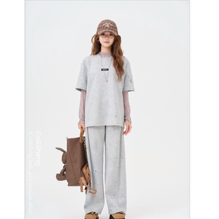 重生小个子灰色休闲套装时尚短袖上衣女 慵懒风宽松显瘦棉两件套