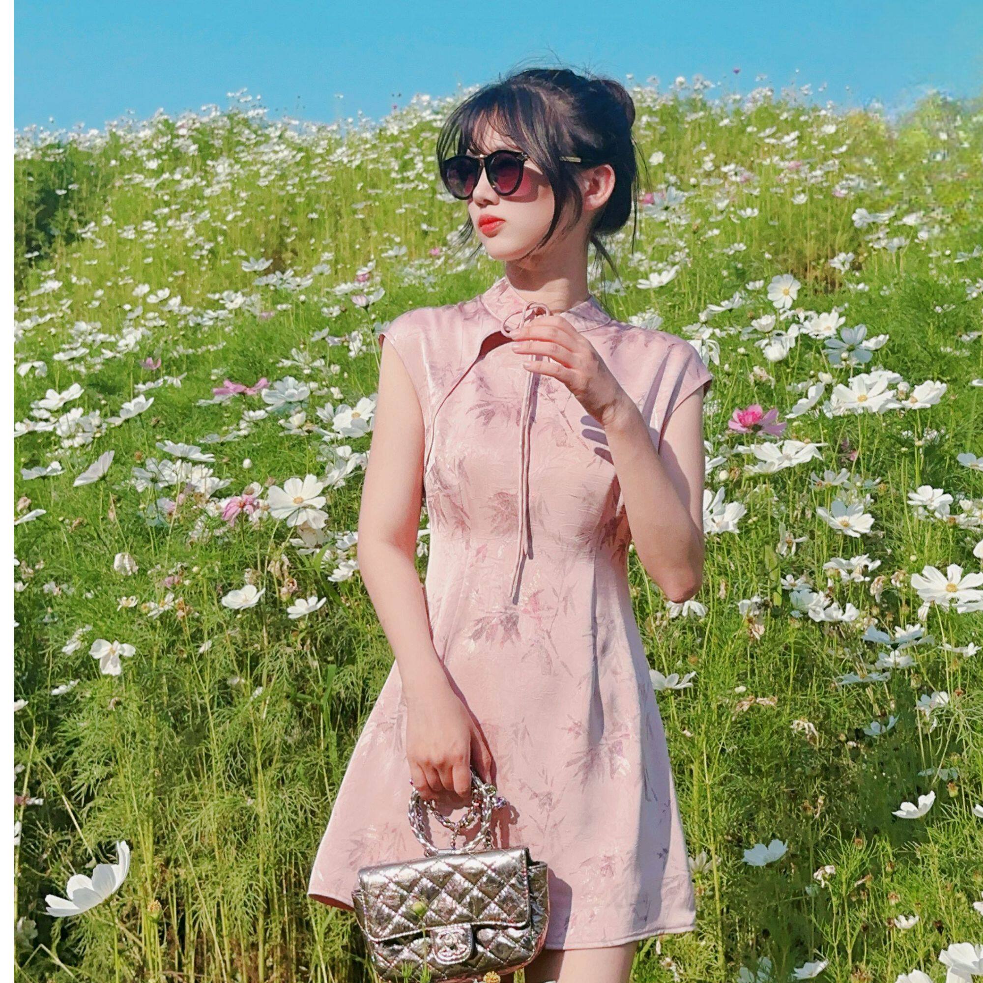 桃夭粉黛/小个子新中式粉色烫金印花竹叶短款旗袍,女装/女士精品,连衣裙,淘宝优惠券,粉丝福利购,淘宝优惠卷