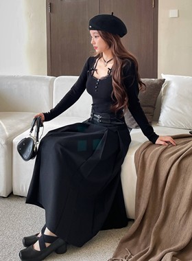 cosheng重生150cm小个子春季新品黑色长款垂感半身长裙高腰气质