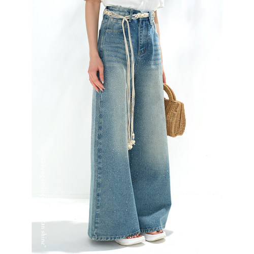 重生小个子满钻高腰阔腿牛仔裤