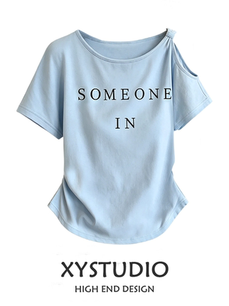Brand Discount Summer Simple Off-Shoulder Letter Print Short-Sleeve T-Shirt for Plus-Size Women, Waist-Cinching, Slimming, Versatile, Unique Top
