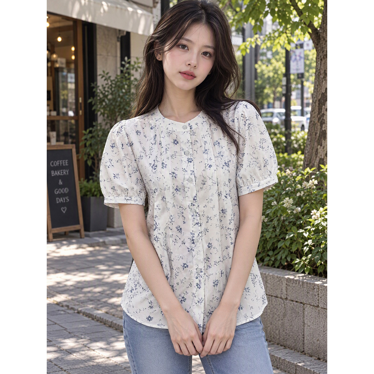 夏季法式蓝碎花立领泡泡袖衬衫