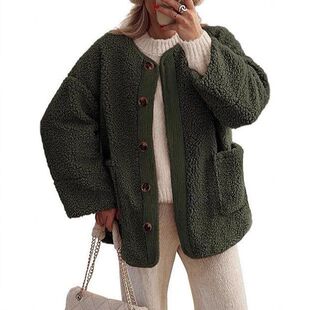 跨境新款女式保暖冬季外套无领休闲长袖纽扣毛绒羊羔绒夹克外套