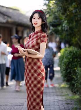 复古国风格子旗袍2024新款改良版少女日常修身收腰民国大学生裙子