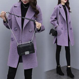 跨境气质大衣女2024秋冬新款中长款灯笼袖小个子紫色毛呢外套女