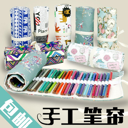 手工帆布卷笔袋72孔大容量笔帘