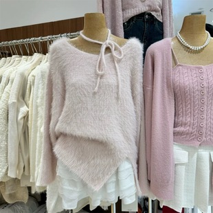 韩版V领开叉宽松温柔风套头毛衣加厚秋冬2024新款系带收腰水貂绒