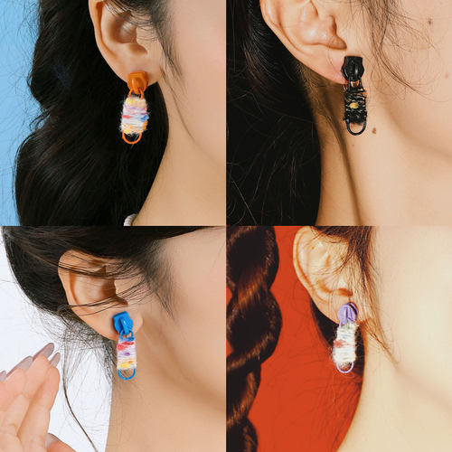 蒜了耳饰彩虹毛线秋冬趣味不撞款耳钉女小众设计感拉链耳环耳夹