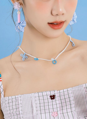 蒜了蓝色串珠花朵项链生日礼物锁骨链原创设计小众感闺蜜颈链饰品